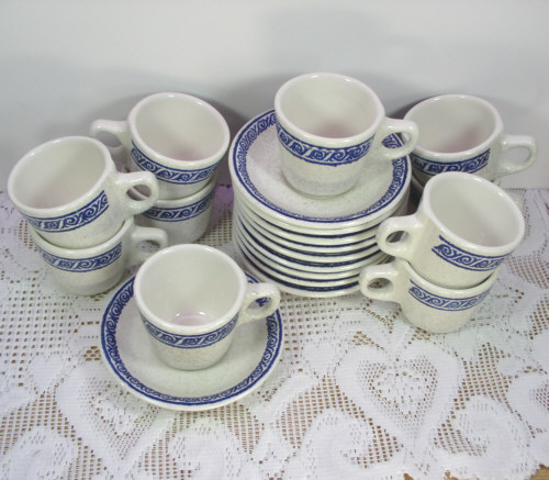   Restaurant Ware White Blue Speckles Scroll Band Cup Saucer 9 Avail