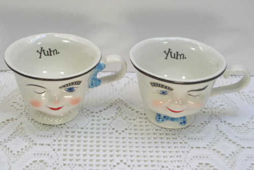   Coffee Mugs/Tea Cups Winking Smiley Faces Man Bow Tie Lady Necklace