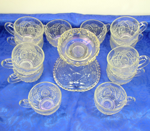 EAPG Indiana Glass Panelled Daisy Finecut Pattern Punch Bowl Set Cups 