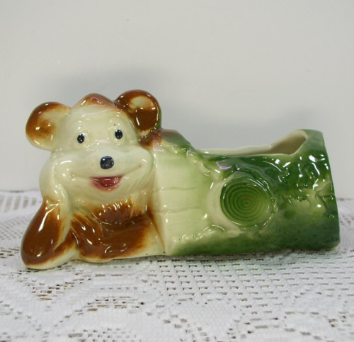 Vintage McCoy Art Pottery Brown Bear Lying by Tree Stump Planter 